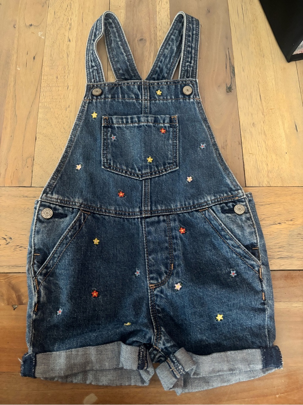 GAP Denim Short Overalls with Multicolor floral  Embroidery - Blue